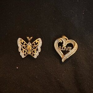 Gold and Silver Butterfly pendant and Gold Heart Love Pendant Set